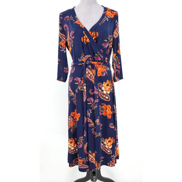 Mlle Gabrielle Dress Plus Size 1X Navy Blue Orange Floral Stretch Knit Faux Wrap - Picture 1 of 11